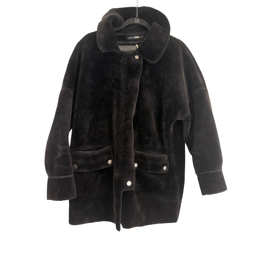 Free People Black Faux Fur Oversized Coat Jacket XS Snap Front Flap Pockets